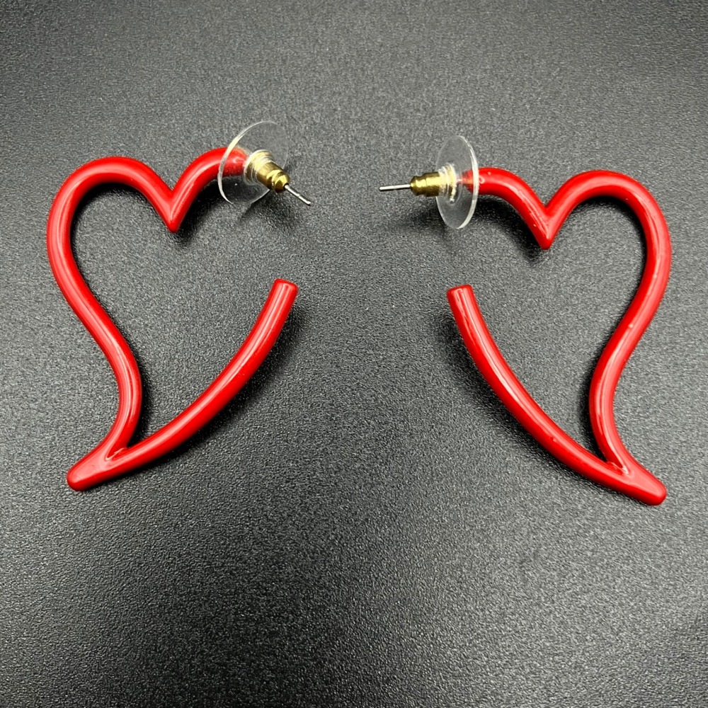 Red Glass Open Heart Hoop Earrings Asymmetrical Design Pierced Valentine's Day
